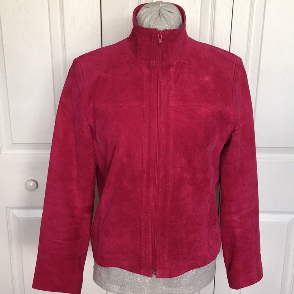 Pink Genuine Leather Suede Zipper Jacket 10 Funnel Neck Streetwear Soft Luxury